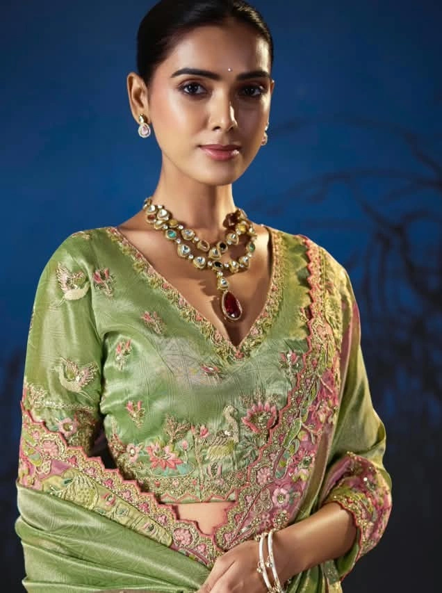 Light Pistachio Green Anaara Pure Viscose Zari Tissue Embellished Saree